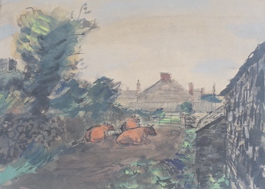 Ruskin Spear (1911-1990), ink and watercolour, Farmstead with cattle, unsigned, inscribed verso, 27 x 36cm. Condition - fair, some discolouration throughout